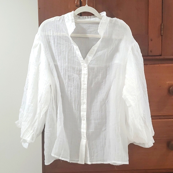 Boho Cotton Blend Button up White Full Bishop Sleeve Top - Picture 4 of 10